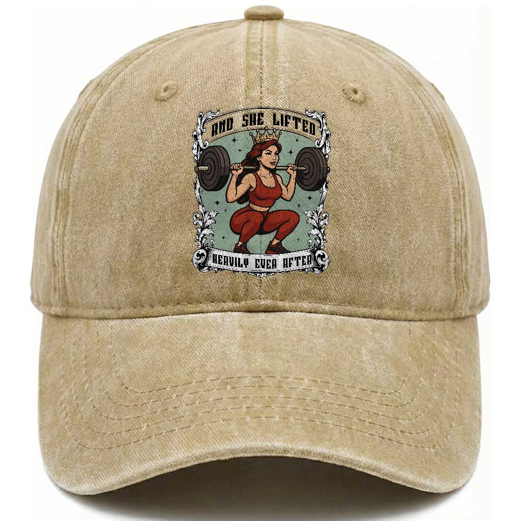 And She Lifted Heavily Ever After Washed Cotton Baseball Cap Women Weightlifting Humor Gift TS12 Print Your Wear