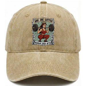 And She Lifted Heavily Ever After Washed Cotton Baseball Cap Women Weightlifting Humor Gift TS12 Print Your Wear