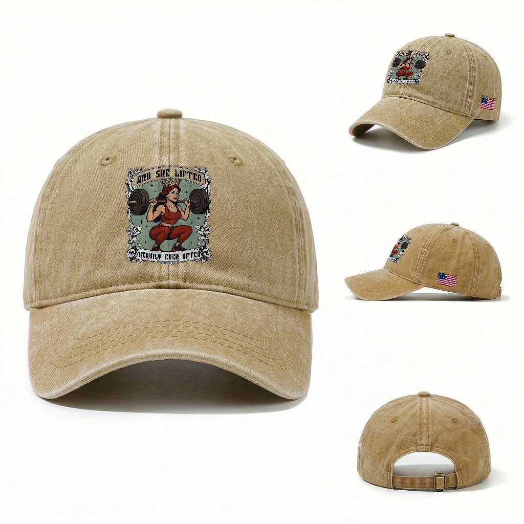 And She Lifted Heavily Ever After Washed Cotton Baseball Cap Women Weightlifting Humor Gift TS12 Washed Cap Universal Fit Khaki Print Your Wear