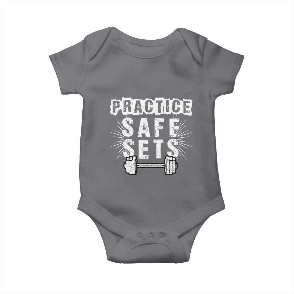 Practice Safe Sets Baby Onesie Funny Gym Workout Gift TS12 Charcoal Print Your Wear