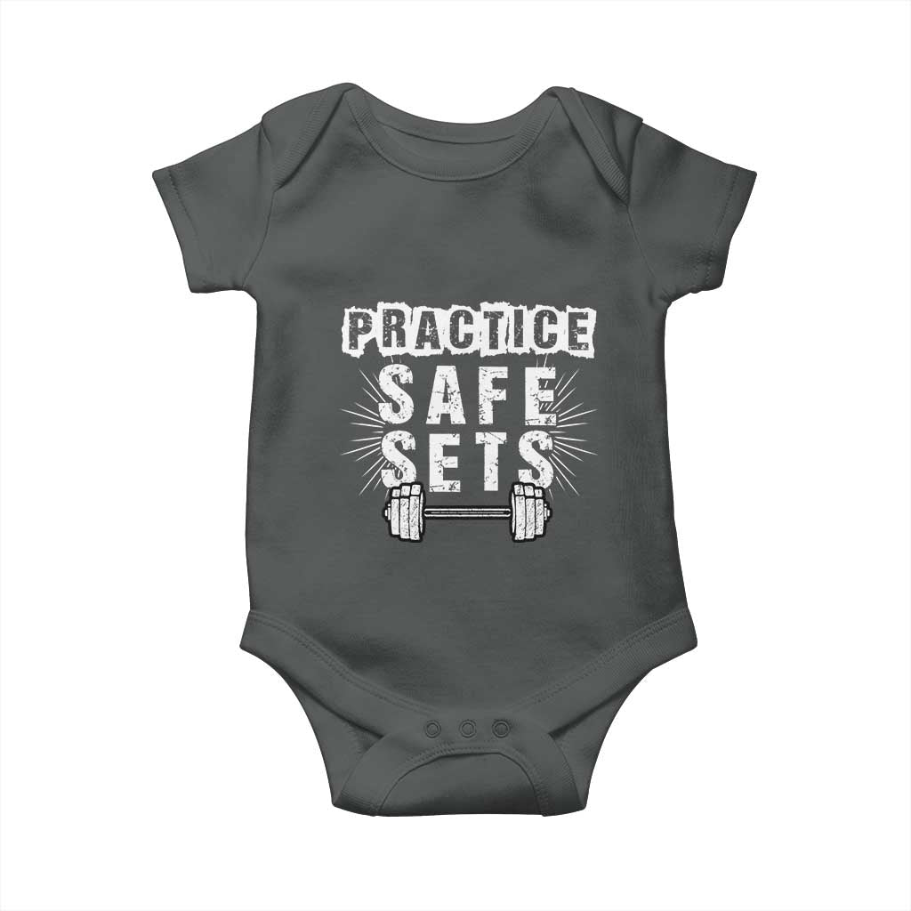 Practice Safe Sets Baby Onesie Funny Gym Workout Gift TS12 Dark Heather Print Your Wear