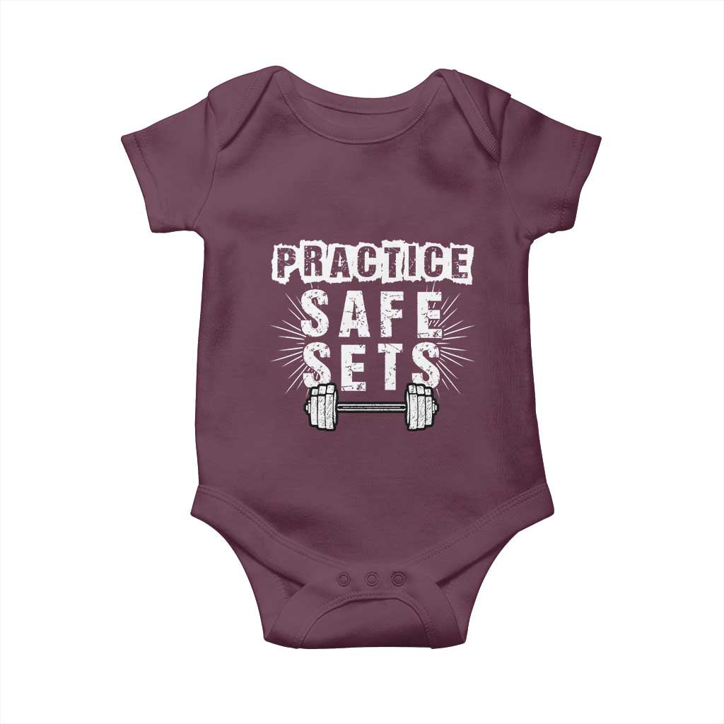 Practice Safe Sets Baby Onesie Funny Gym Workout Gift TS12 Maroon Print Your Wear