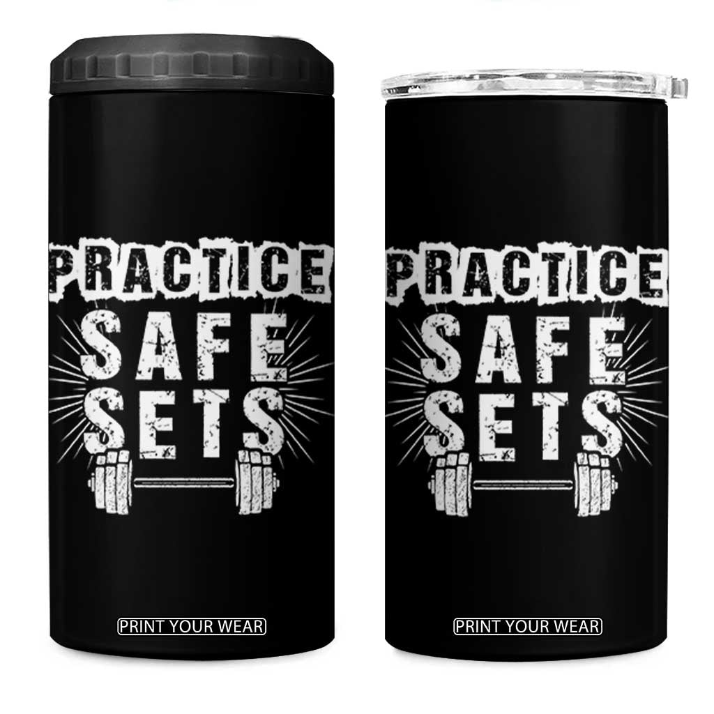 Practice Safe Sets 4 in 1 Can Cooler Tumbler Funny Gym Workout Gift TS12 One Size: 16 oz Black Print Your Wear