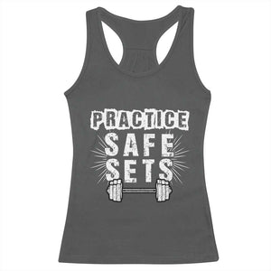 Practice Safe Sets Racerback Tank Top Funny Gym Workout Gift TS12 Dark Heather Print Your Wear