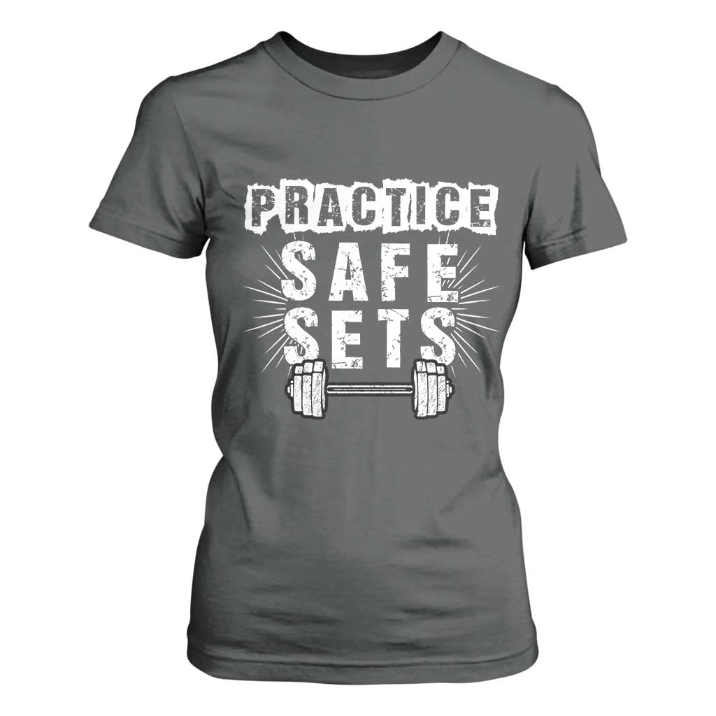 Practice Safe Sets T Shirt For Women Funny Gym Workout Gift TS12 Dark Heather Print Your Wear