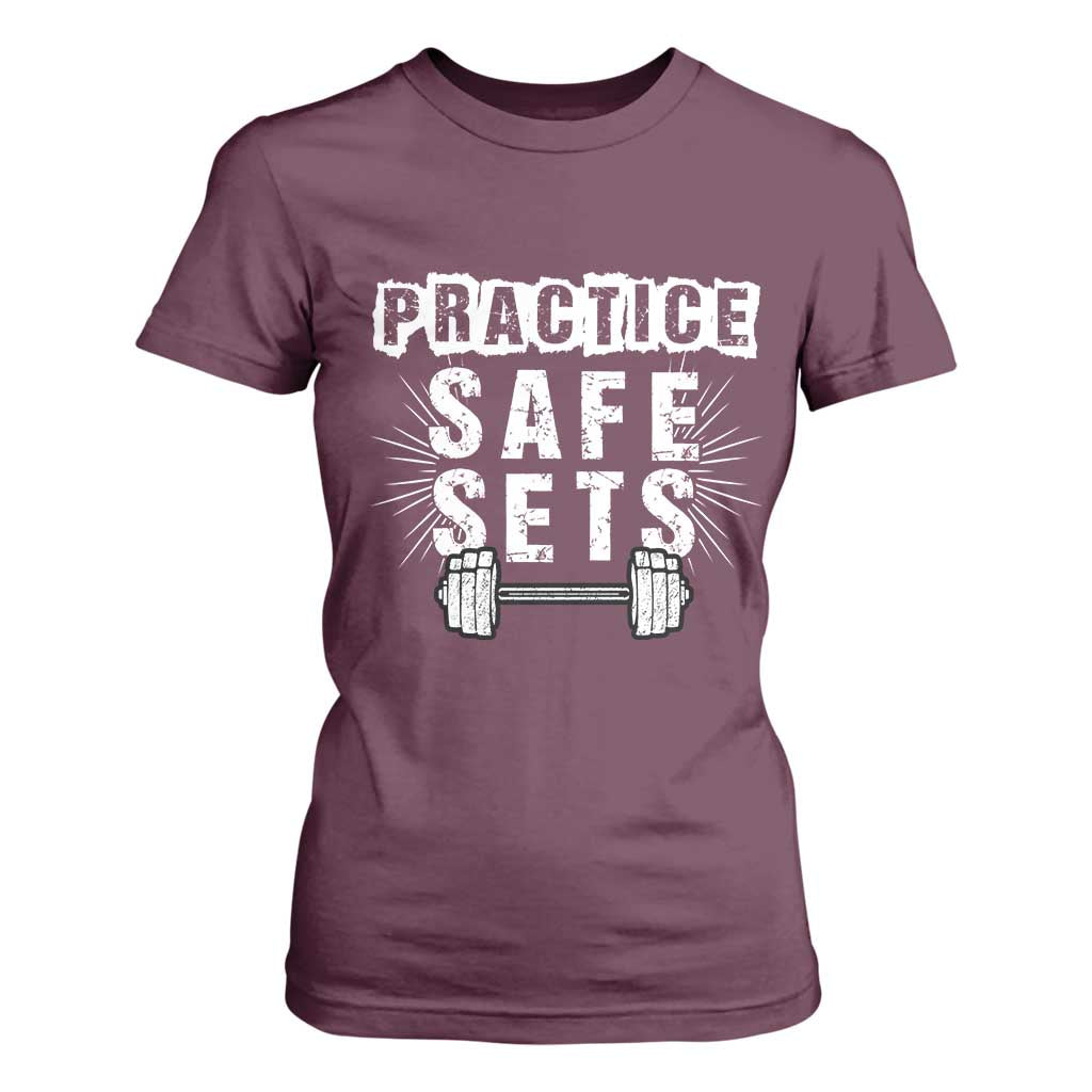Practice Safe Sets T Shirt For Women Funny Gym Workout Gift TS12 Maroon Print Your Wear