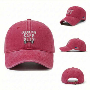 Practice Safe Sets Washed Cotton Baseball Cap Funny Gym Workout Gift TS12 Washed Cap Universal Fit Red Print Your Wear