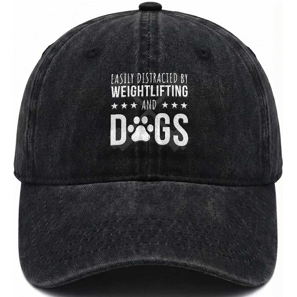 Easily Distracted By Weightlifting And Dogs Washed Cotton Baseball Cap Funny Gym Gift TS12 Print Your Wear