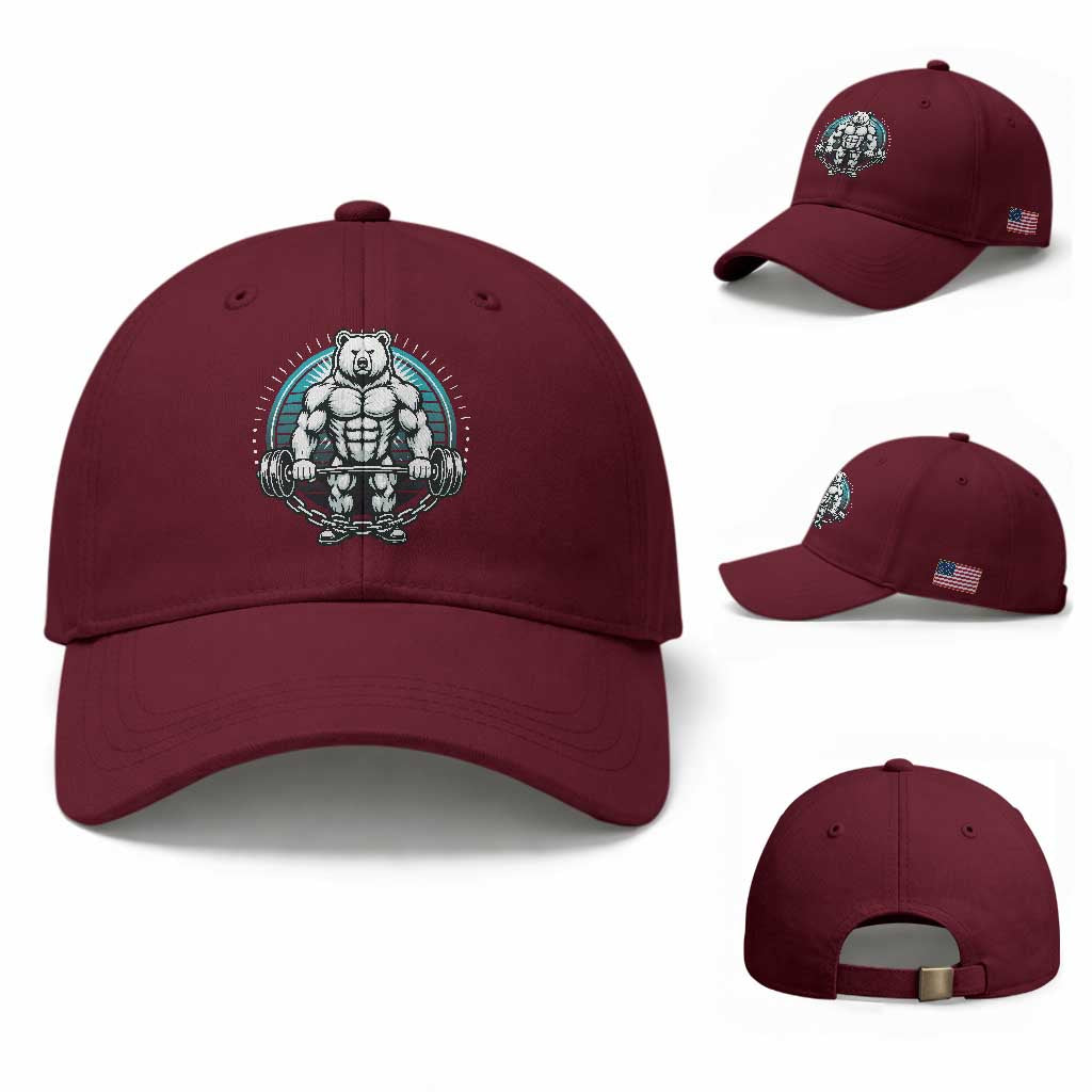 Funny Gym Workout Humor Baseball Cap Cute Weightlifting Bear Gift TS12 Baseball Cap Universal Fit Maroon Print Your Wear