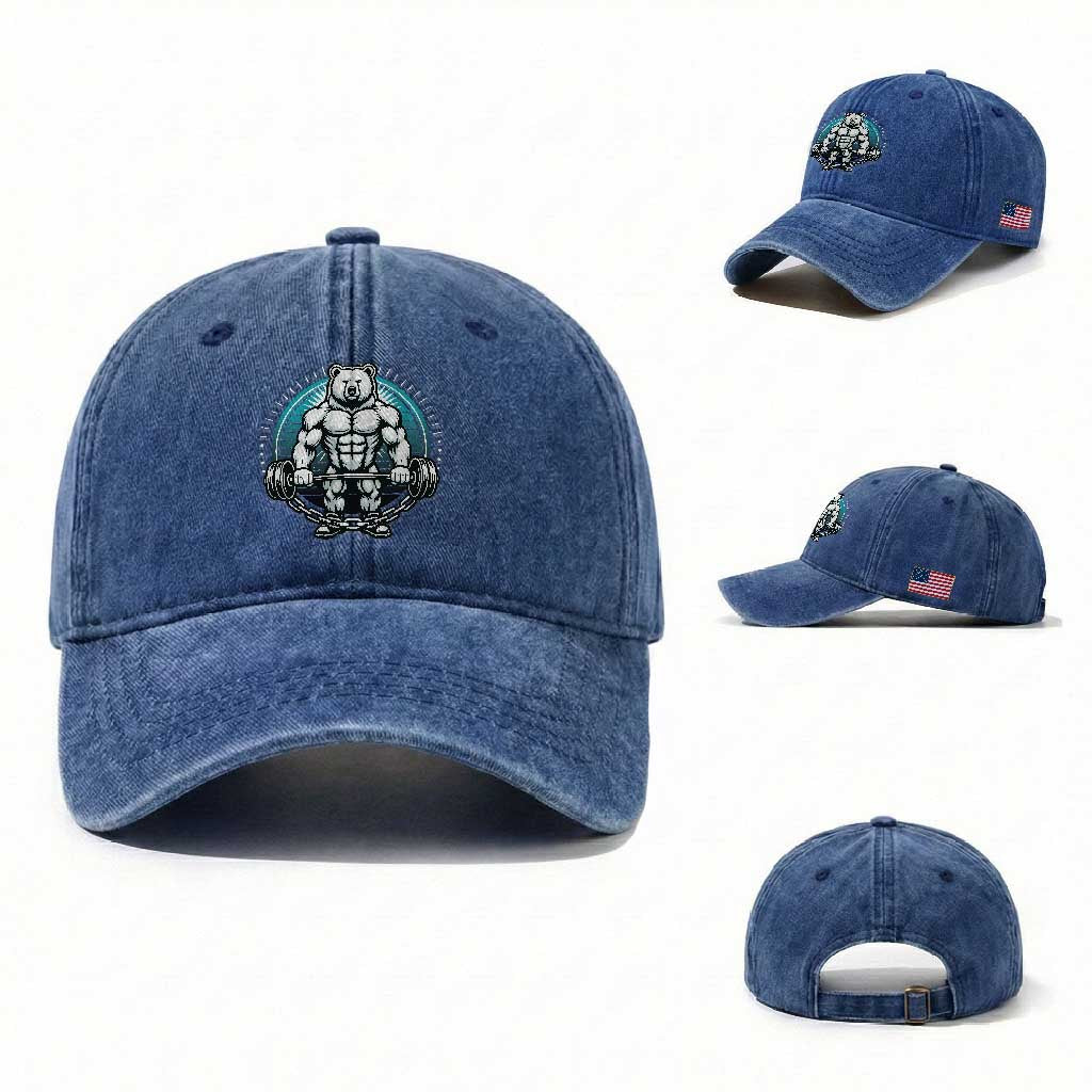 Funny Gym Workout Humor Washed Cotton Baseball Cap Cute Weightlifting Bear Gift TS12 Washed Cap Universal Fit Royal Blue Print Your Wear