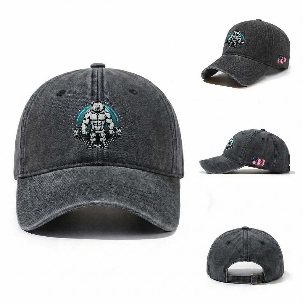 Funny Gym Workout Humor Washed Cotton Baseball Cap Cute Weightlifting Bear Gift TS12 Washed Cap Universal Fit Dark Gray Print Your Wear