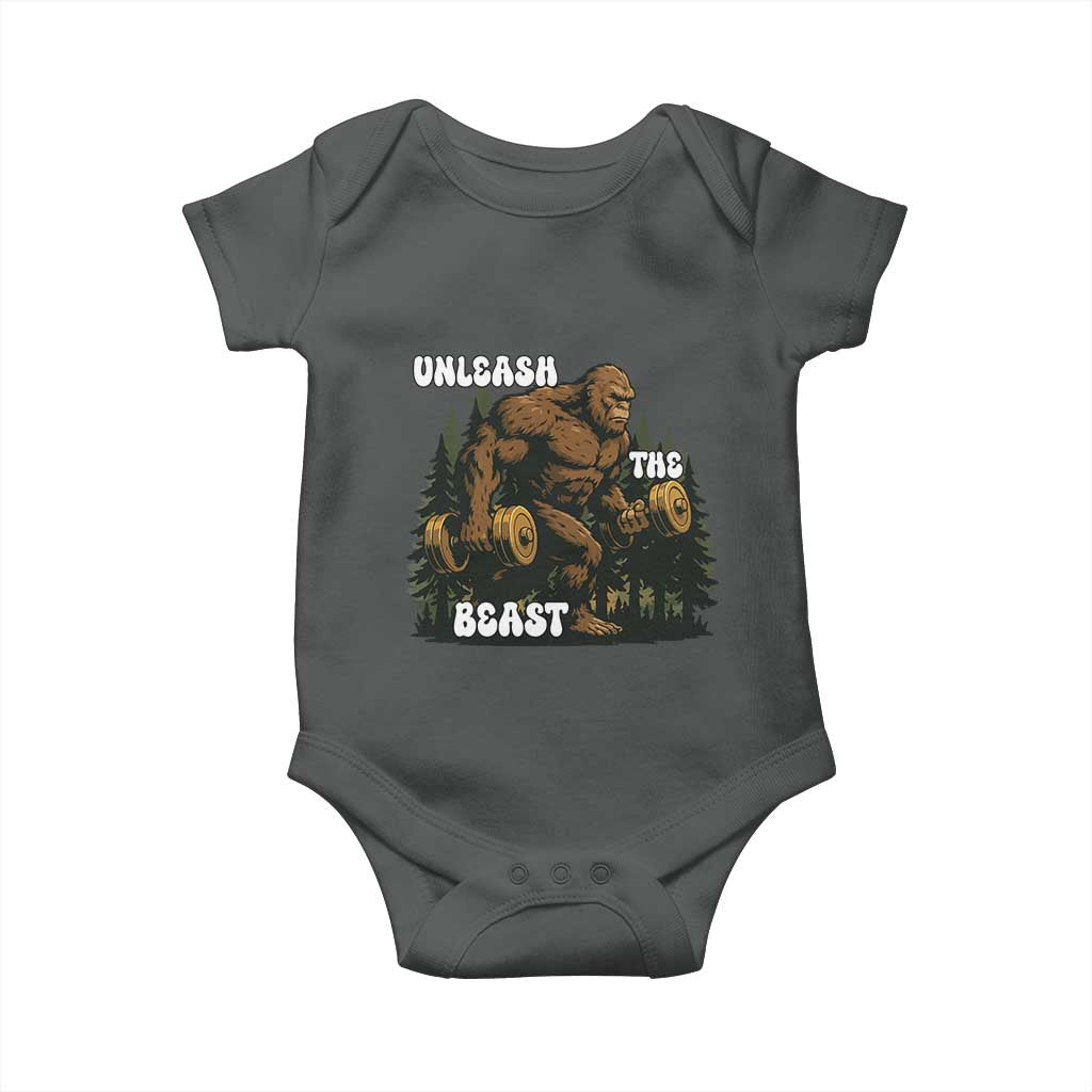 Unleash The Beast Baby Onesie Funny Bigfoot Fitness Workout Gift TS12 Dark Heather Print Your Wear