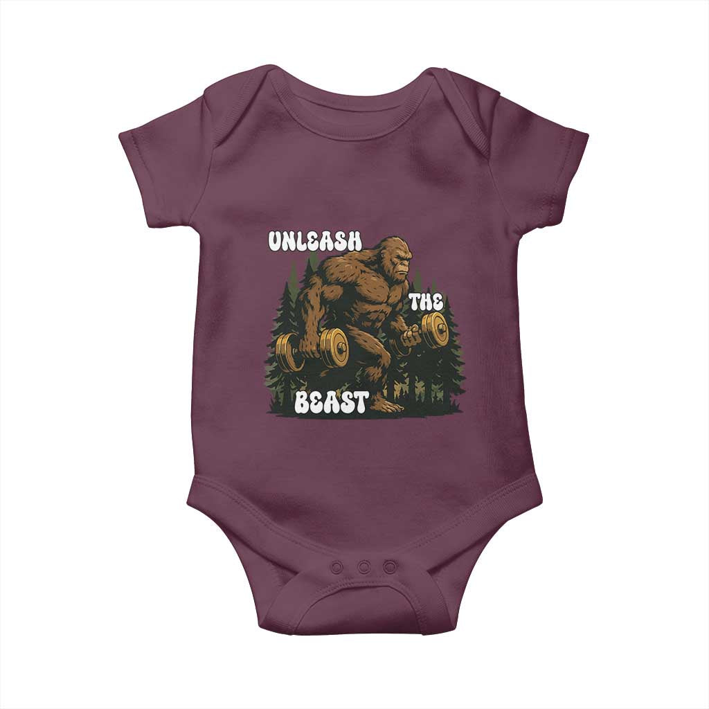 Unleash The Beast Baby Onesie Funny Bigfoot Fitness Workout Gift TS12 Maroon Print Your Wear