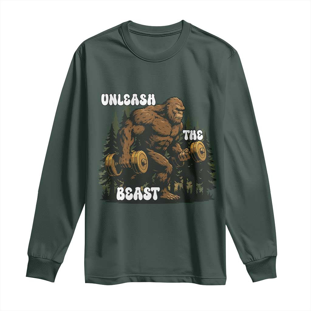 Unleash The Beast Long Sleeve Shirt Funny Bigfoot Fitness Workout Gift TS12 Dark Forest Green Print Your Wear
