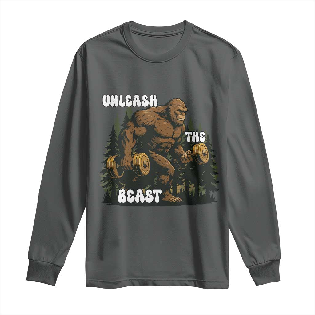 Unleash The Beast Long Sleeve Shirt Funny Bigfoot Fitness Workout Gift TS12 Dark Heather Print Your Wear