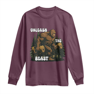 Unleash The Beast Long Sleeve Shirt Funny Bigfoot Fitness Workout Gift TS12 Maroon Print Your Wear