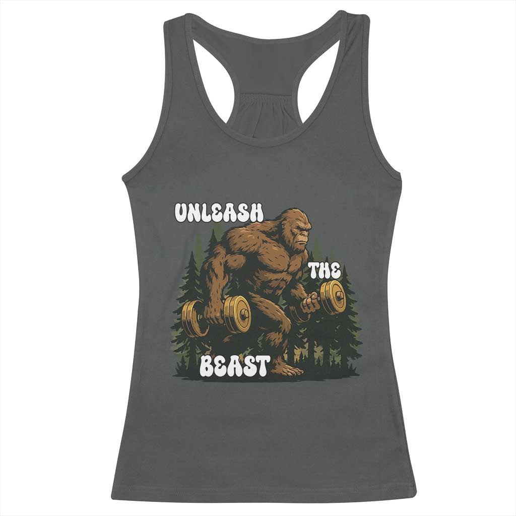 Unleash The Beast Racerback Tank Top Funny Bigfoot Fitness Workout Gift TS12 Dark Heather Print Your Wear