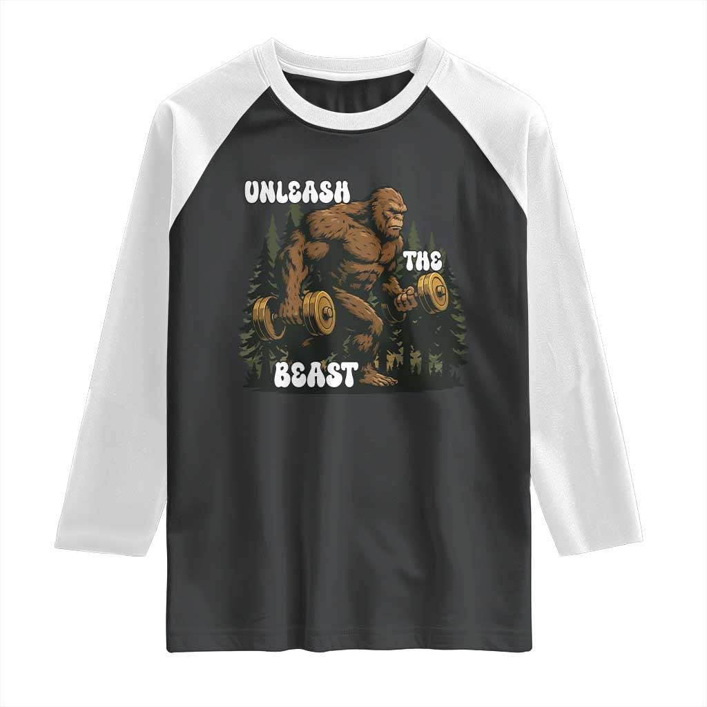 Unleash The Beast Raglan Shirt Funny Bigfoot Fitness Workout Gift TS12 Black White Print Your Wear