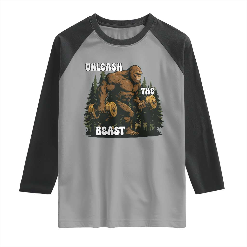 Unleash The Beast Raglan Shirt Funny Bigfoot Fitness Workout Gift TS12 Sport Gray Black Print Your Wear