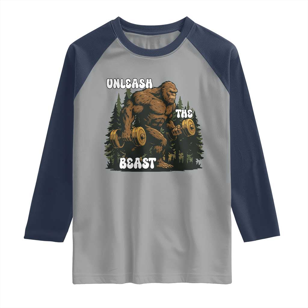Unleash The Beast Raglan Shirt Funny Bigfoot Fitness Workout Gift TS12 Sport Gray Navy Print Your Wear