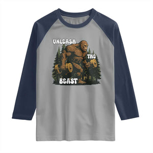 Unleash The Beast Raglan Shirt Funny Bigfoot Fitness Workout Gift TS12 Sport Gray Navy Print Your Wear