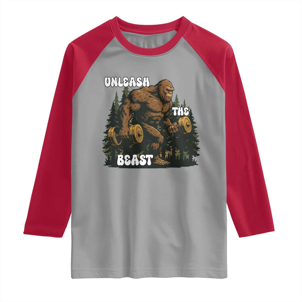 Unleash The Beast Raglan Shirt Funny Bigfoot Fitness Workout Gift TS12 Sport Gray Red Print Your Wear