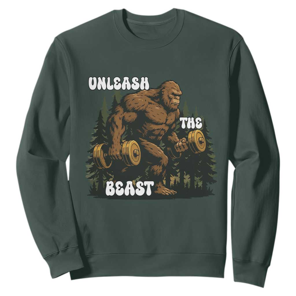 Unleash The Beast Sweatshirt Funny Bigfoot Fitness Workout Gift TS12 Dark Forest Green Print Your Wear