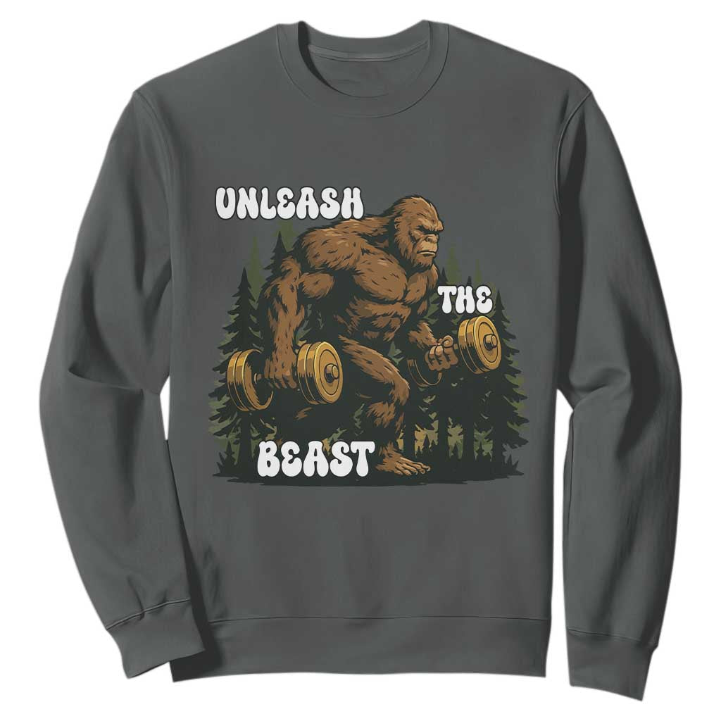 Unleash The Beast Sweatshirt Funny Bigfoot Fitness Workout Gift TS12 Dark Heather Print Your Wear
