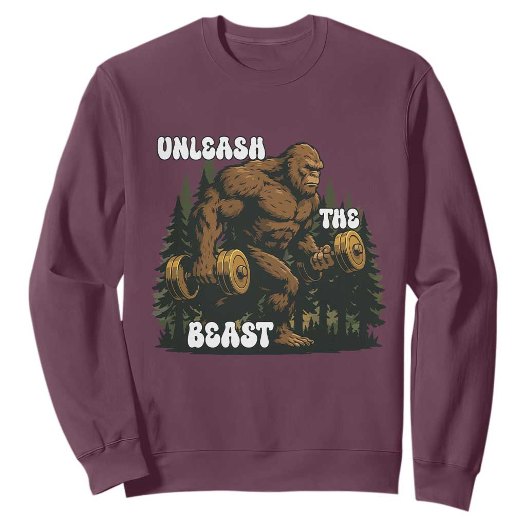 Unleash The Beast Sweatshirt Funny Bigfoot Fitness Workout Gift TS12 Maroon Print Your Wear
