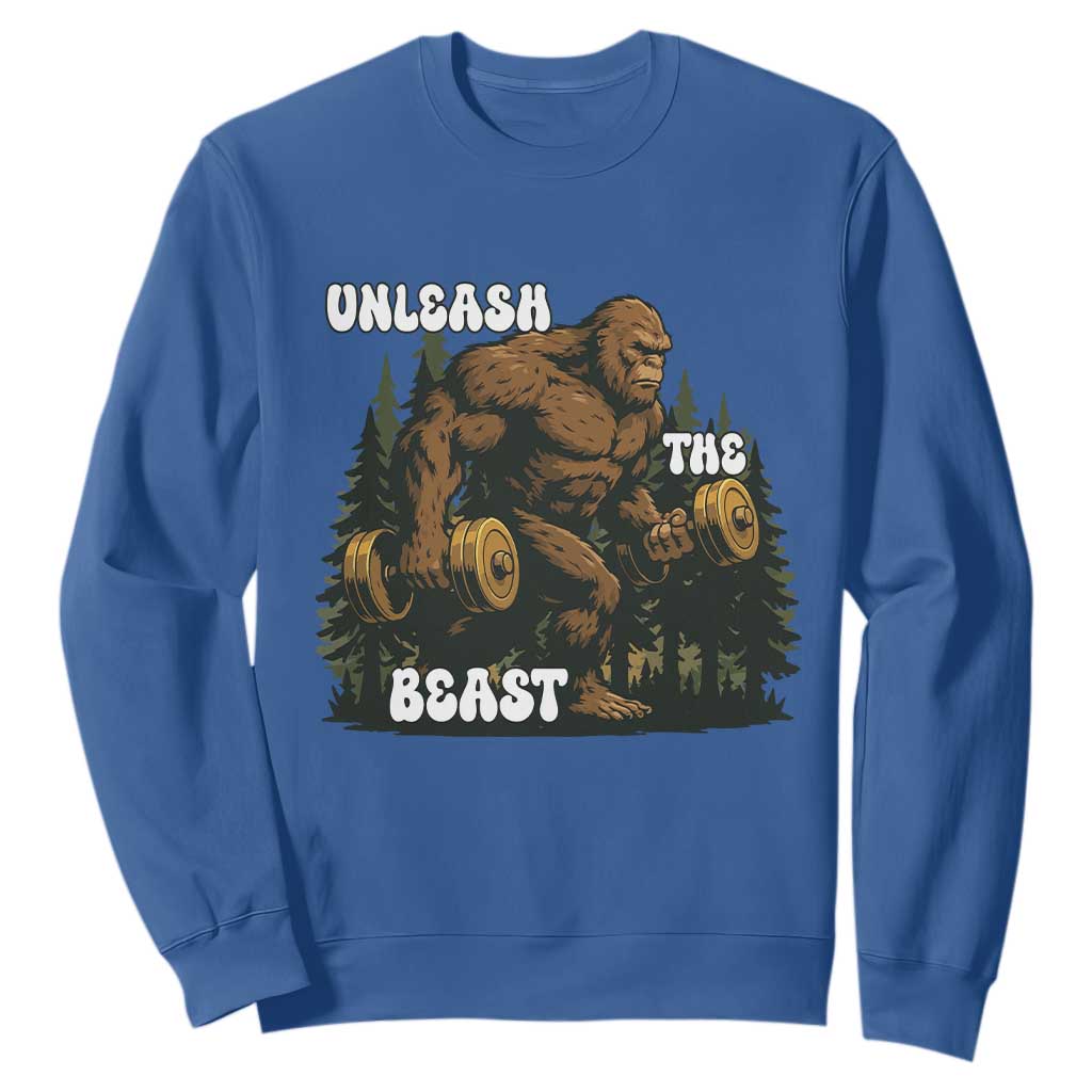 Unleash The Beast Sweatshirt Funny Bigfoot Fitness Workout Gift TS12 Royal Blue Print Your Wear