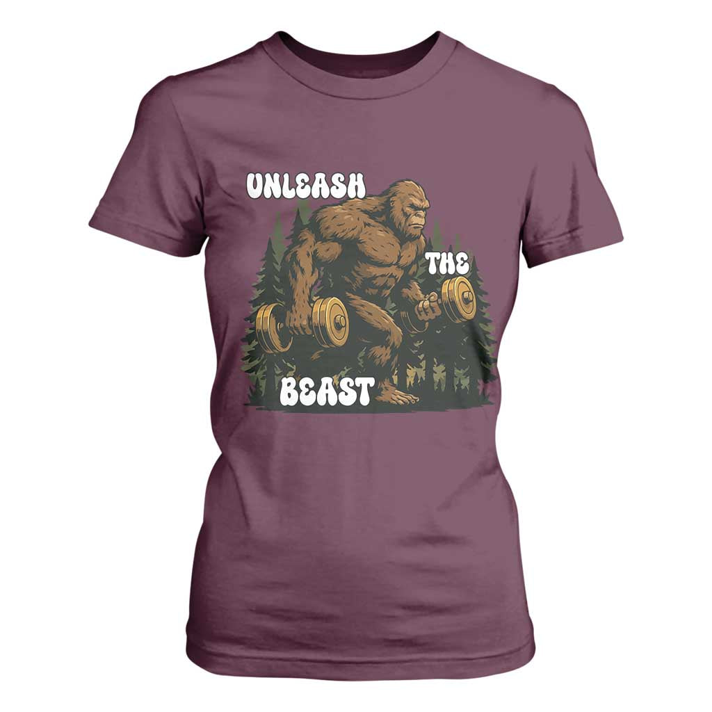 Unleash The Beast T Shirt For Women Funny Bigfoot Fitness Workout Gift TS12 Maroon Print Your Wear