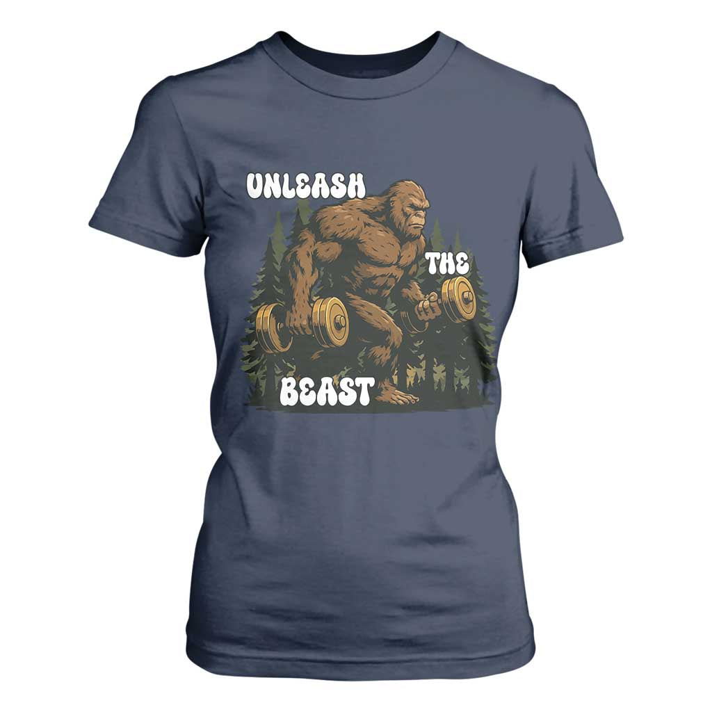 Unleash The Beast T Shirt For Women Funny Bigfoot Fitness Workout Gift TS12 Navy Print Your Wear