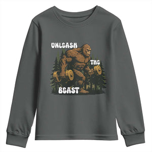 Unleash The Beast Youth Sweatshirt Funny Bigfoot Fitness Workout Gift TS12 Dark Heather Print Your Wear