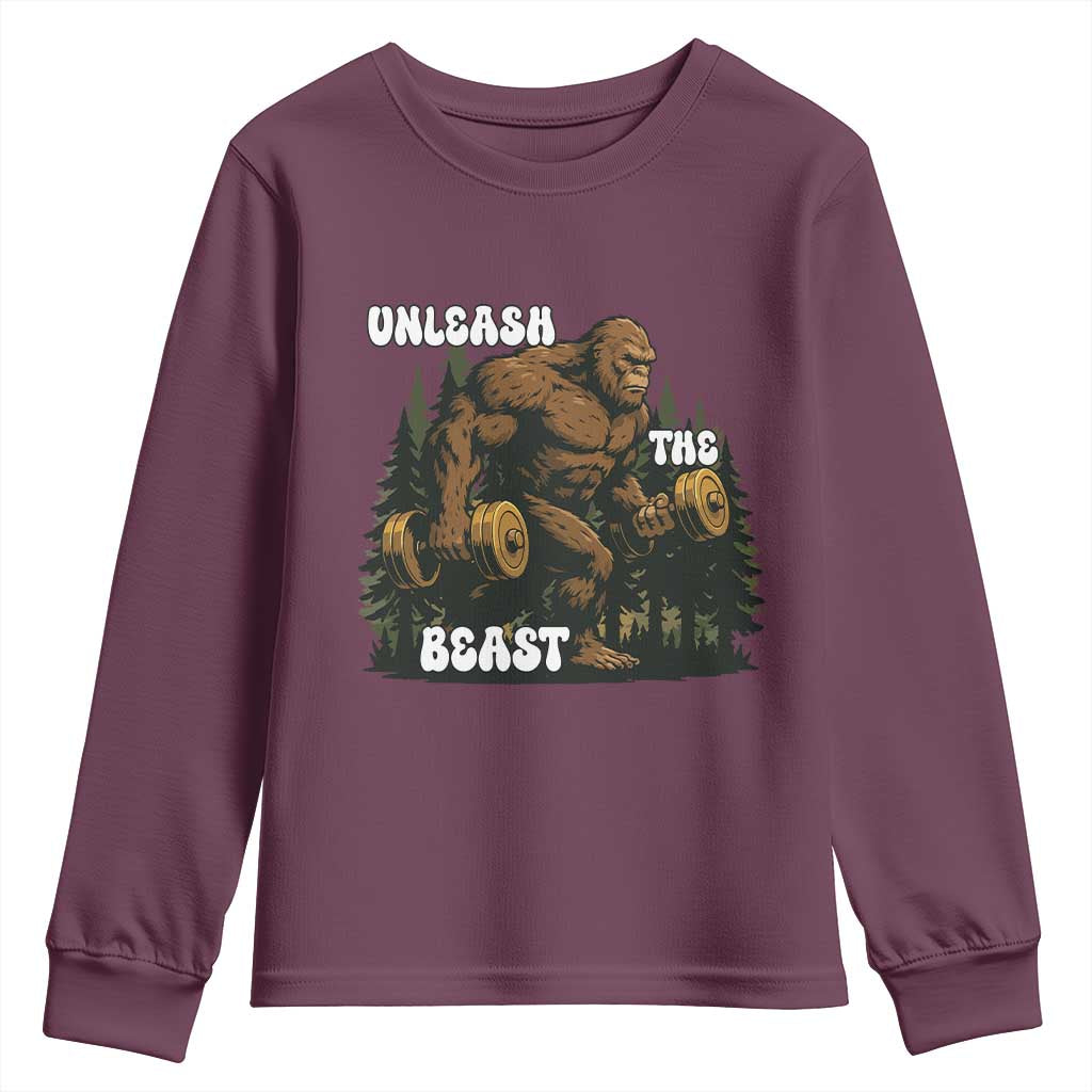 Unleash The Beast Youth Sweatshirt Funny Bigfoot Fitness Workout Gift TS12 Maroon Print Your Wear