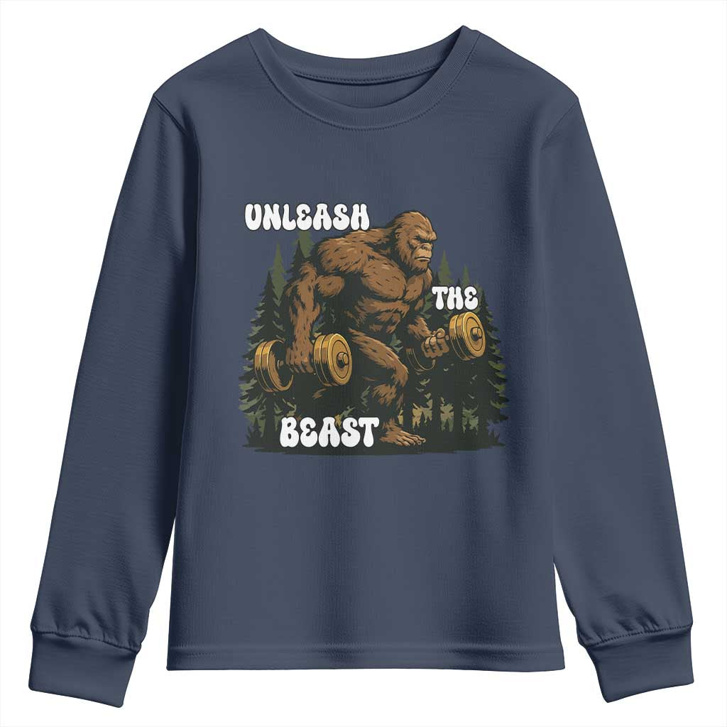 Unleash The Beast Youth Sweatshirt Funny Bigfoot Fitness Workout Gift TS12 Navy Print Your Wear