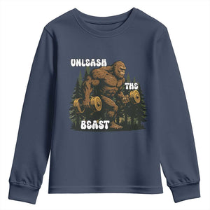 Unleash The Beast Youth Sweatshirt Funny Bigfoot Fitness Workout Gift TS12 Navy Print Your Wear