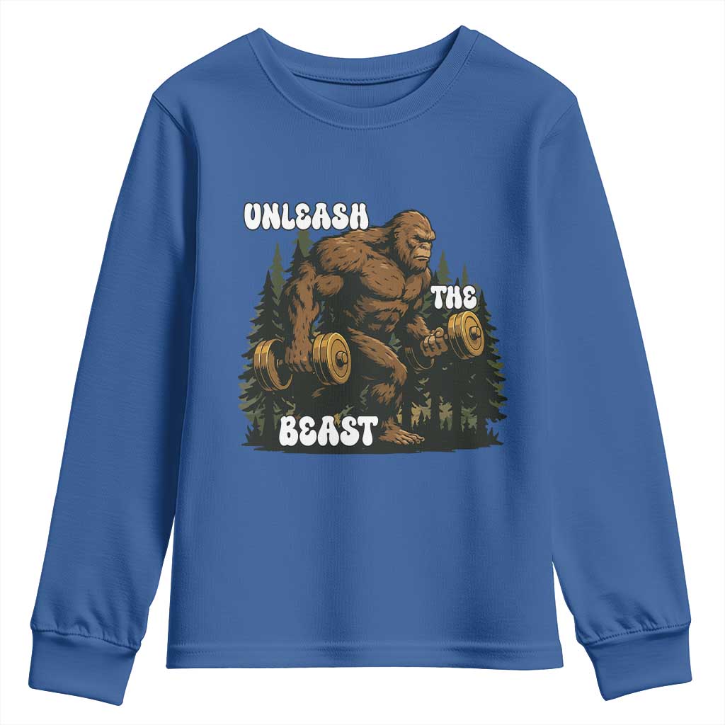 Unleash The Beast Youth Sweatshirt Funny Bigfoot Fitness Workout Gift TS12 Royal Blue Print Your Wear