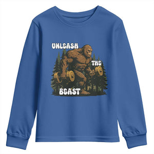 Unleash The Beast Youth Sweatshirt Funny Bigfoot Fitness Workout Gift TS12 Royal Blue Print Your Wear