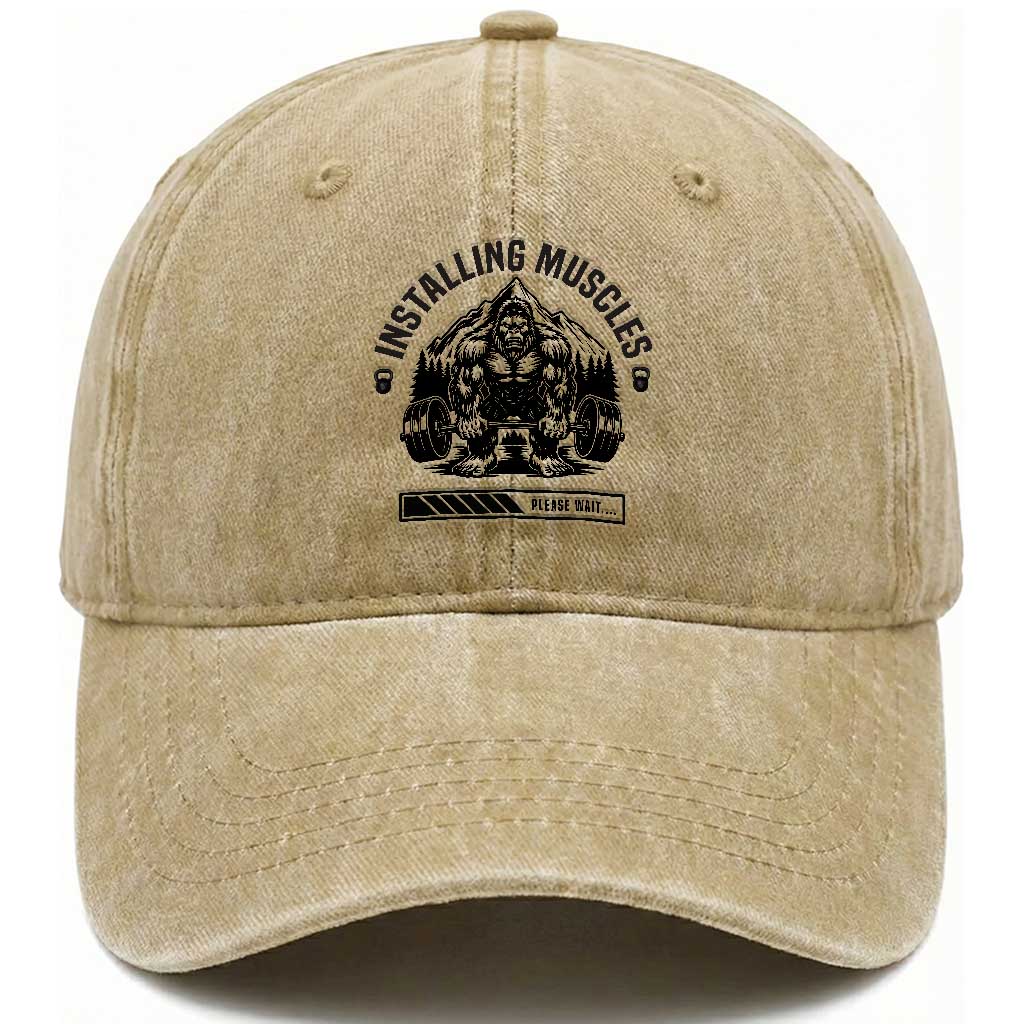 Installing Muscles Please Wait Washed Cotton Baseball Cap Bigfoot Funny Gym Workout Gift TS12 Print Your Wear