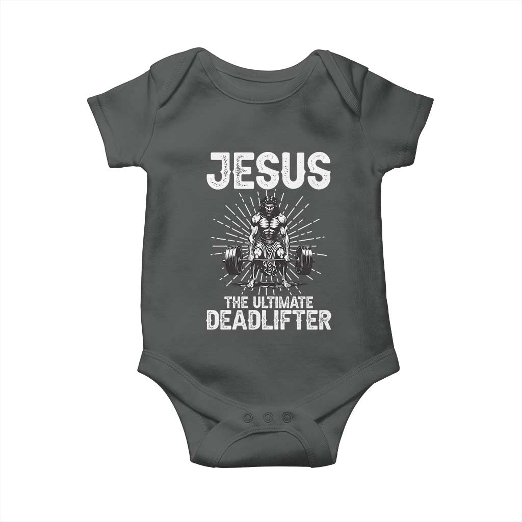 Funny Christian Gym Gift Baby Onesie Jesus The Ultimate Deadlifter TS12 Dark Heather Print Your Wear