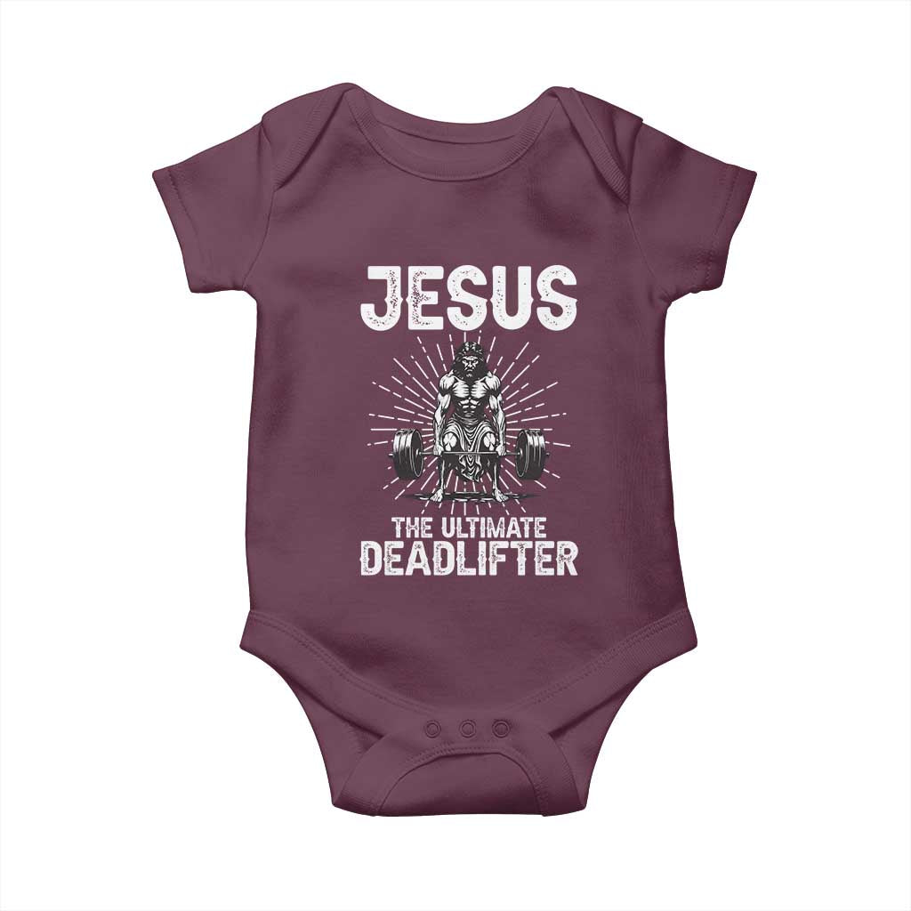Funny Christian Gym Gift Baby Onesie Jesus The Ultimate Deadlifter TS12 Maroon Print Your Wear