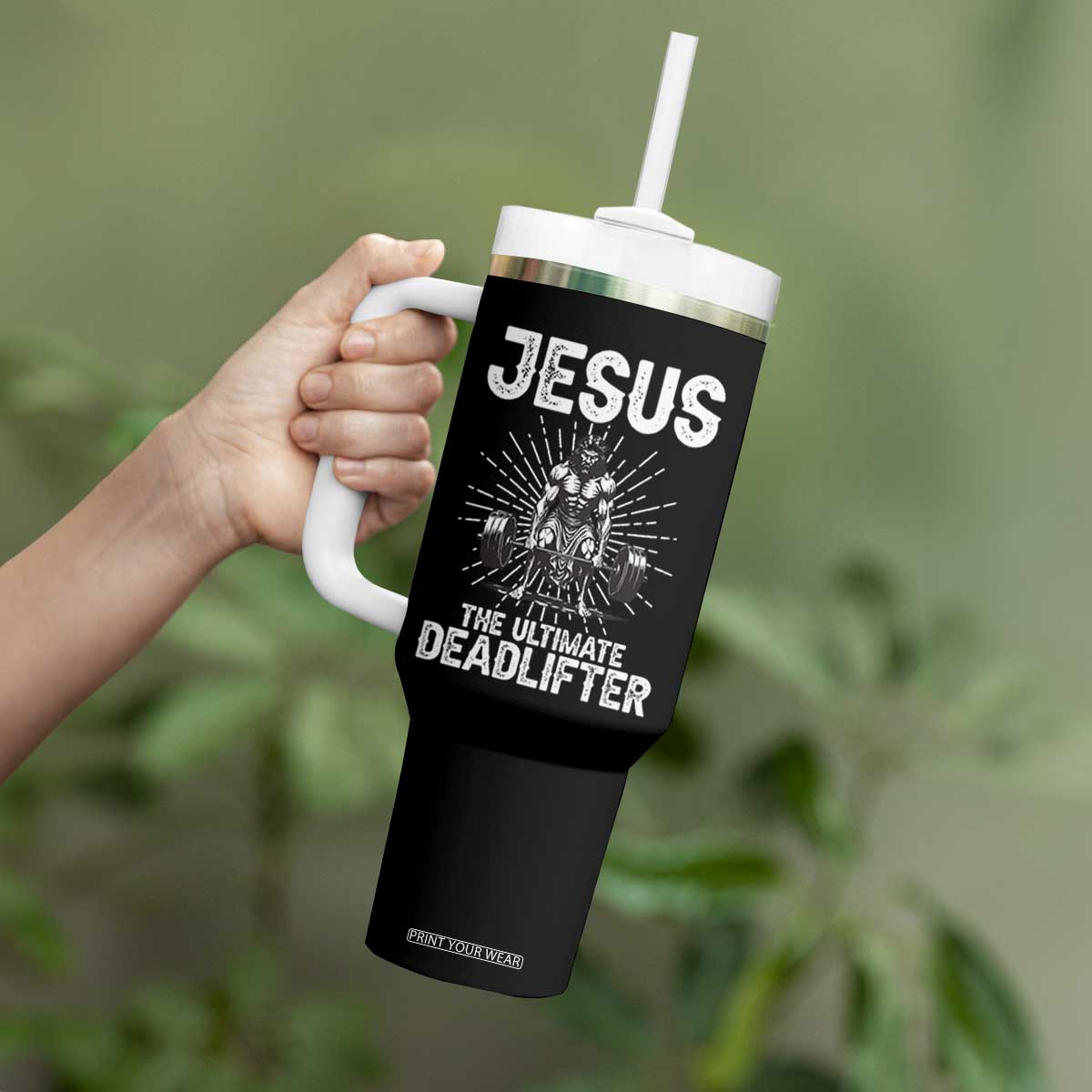 Funny Christian Gym Gift Tumbler With Handle Jesus The Ultimate Deadlifter TS12 Print Your Wear