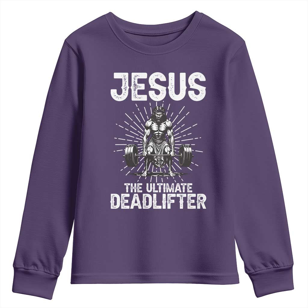 Funny Christian Gym Gift Youth Sweatshirt Jesus The Ultimate Deadlifter TS12 Purple Print Your Wear