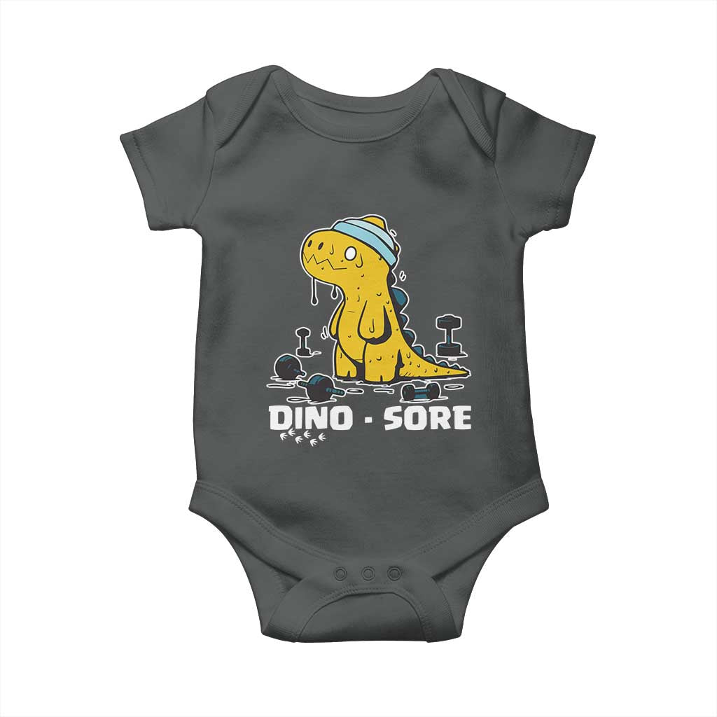 Dino Sore Baby Onesie Funny Dinosaur Workout Gift TS12 Dark Heather Print Your Wear