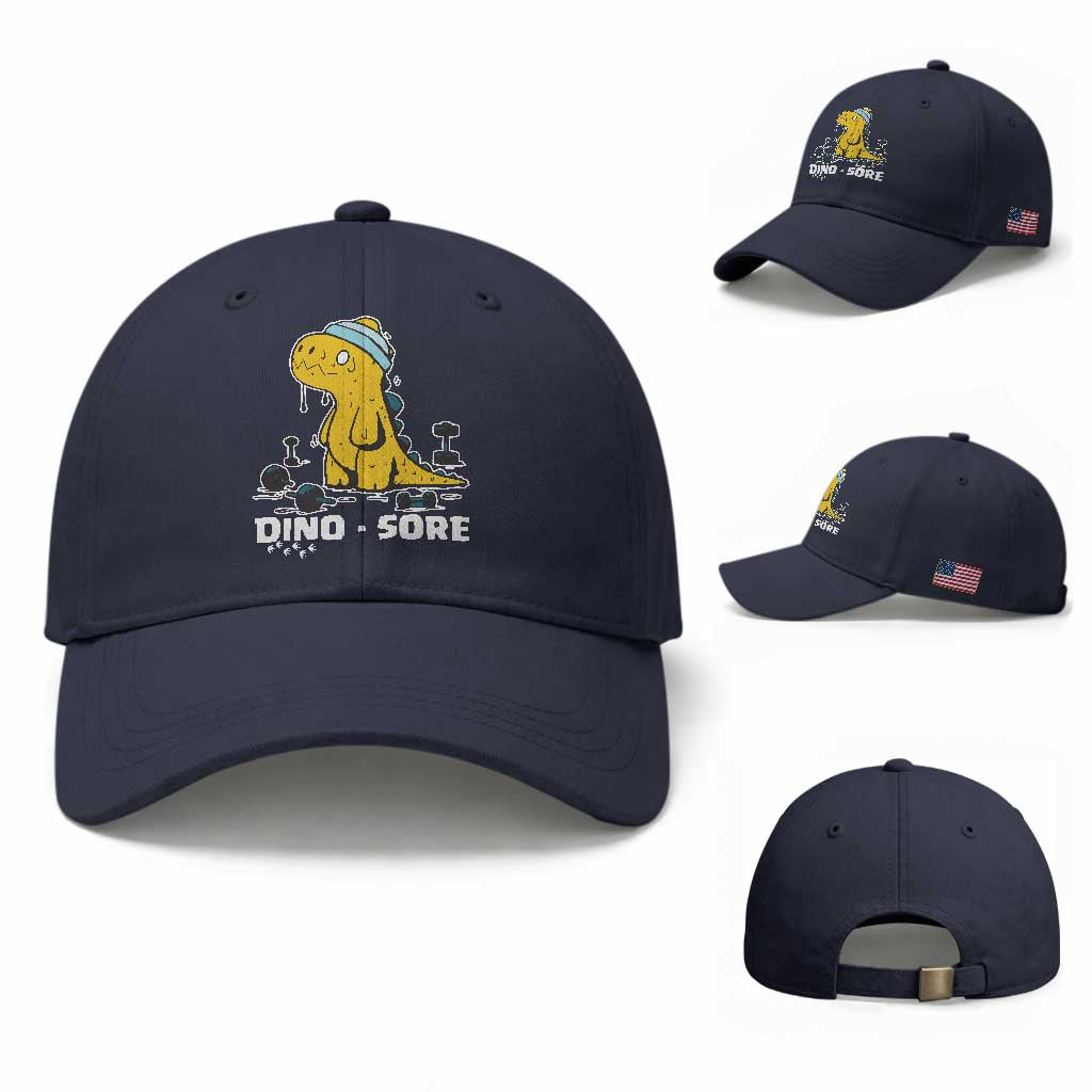 Dino Sore Baseball Cap Funny Dinosaur Workout Gift TS12 Baseball Cap Universal Fit Navy Print Your Wear