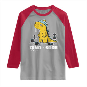 Dino Sore Raglan Shirt Funny Dinosaur Workout Gift TS12 Sport Gray Red Print Your Wear