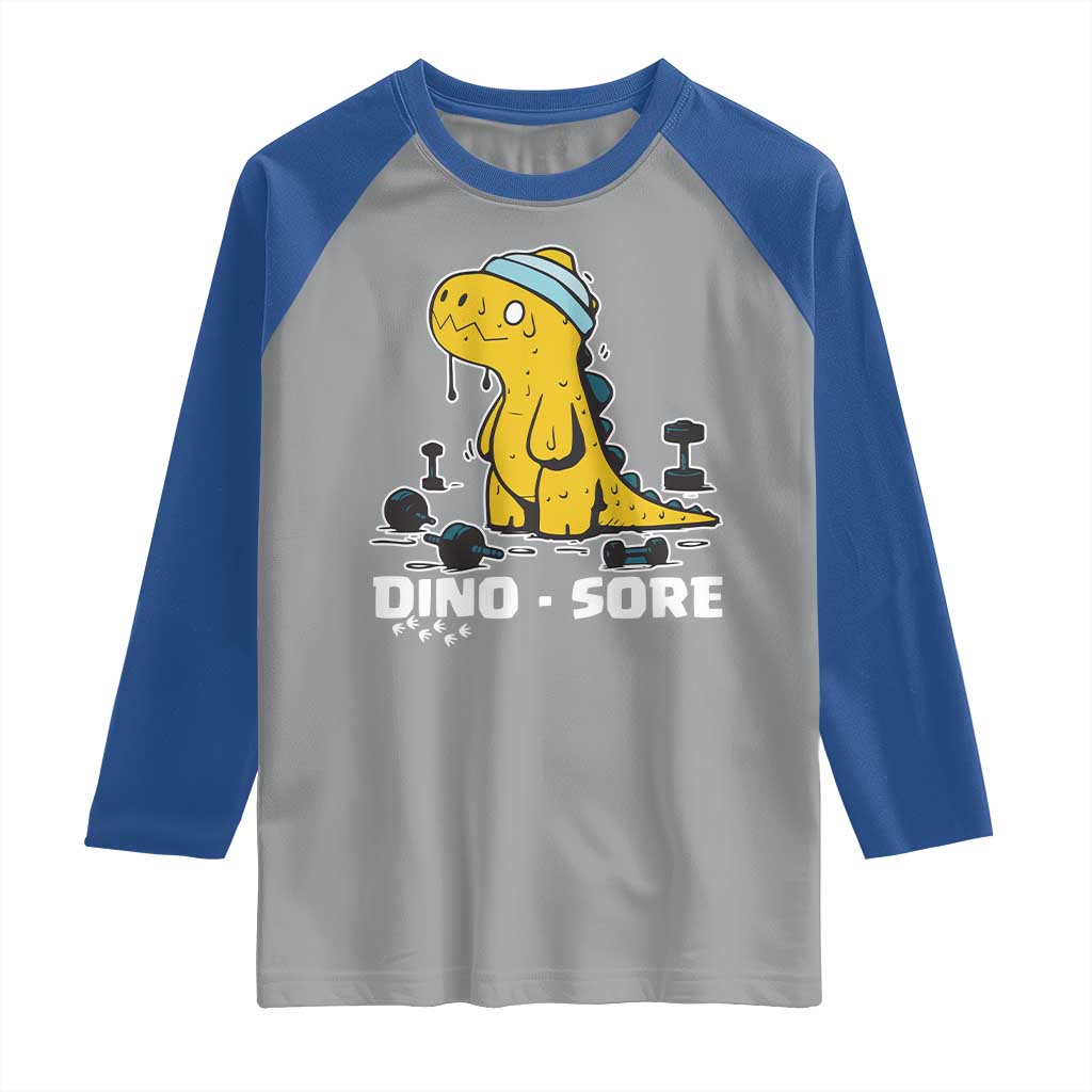 Dino Sore Raglan Shirt Funny Dinosaur Workout Gift TS12 Sport Gray Royal Print Your Wear