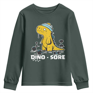 Dino Sore Youth Sweatshirt Funny Dinosaur Workout Gift TS12 Dark Forest Green Print Your Wear