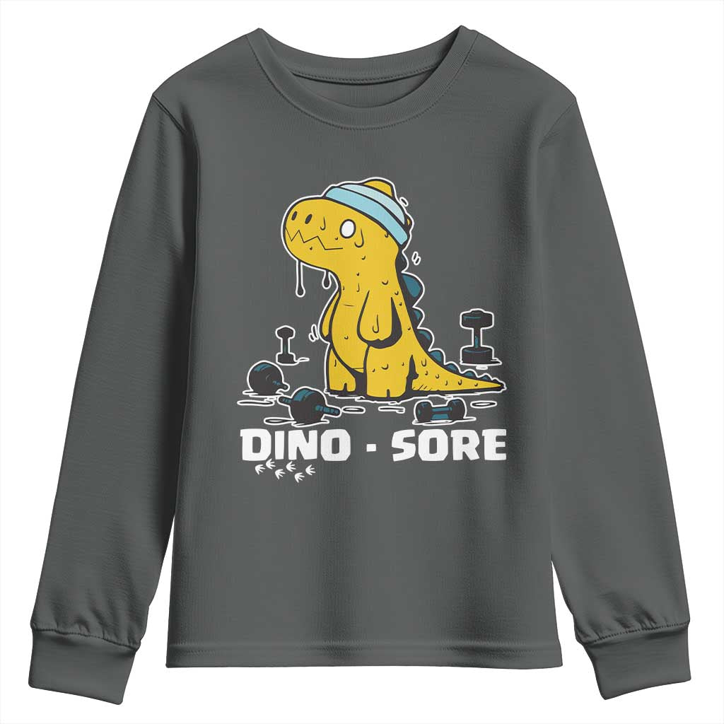 Dino Sore Youth Sweatshirt Funny Dinosaur Workout Gift TS12 Dark Heather Print Your Wear