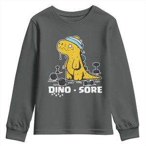 Dino Sore Youth Sweatshirt Funny Dinosaur Workout Gift TS12 Dark Heather Print Your Wear